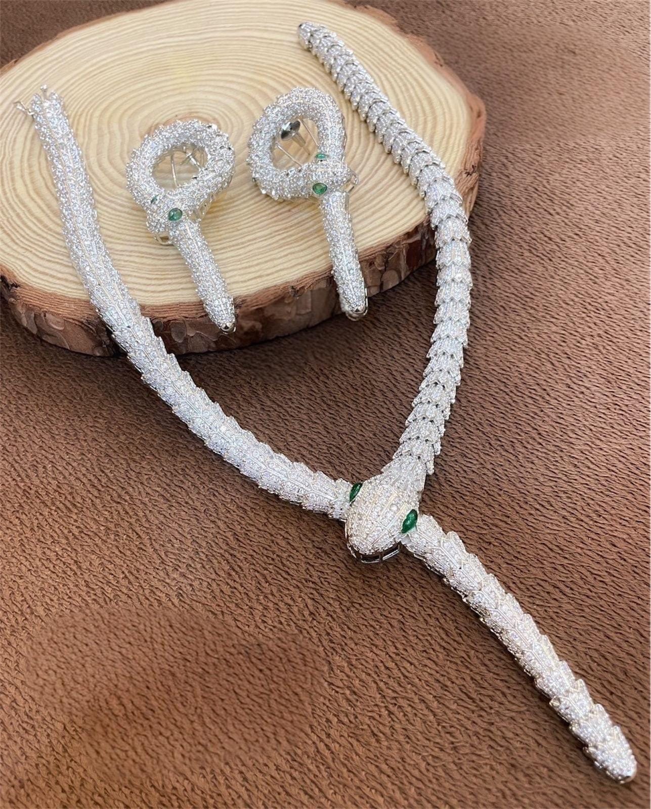 Silver Tone Hollywood Inspired Cz Diamond Snake Necklace Set/Snake Necklace set/Serpent Necklace/Diamond Necklace/Statement Jewelry Set/OOAK