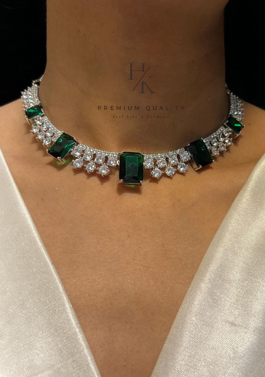 Emerald green american diamond necklace set with earrings/ emerald jewelry set/ diamond choker set