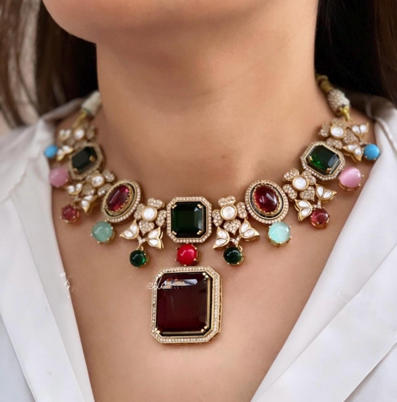 Sabyasachi Inspired Matt Dull Gold Plated Ruby Red MultiColor Navratan Kundan Polki CZ Necklace Set,Bollywood,Indian Jewelry,Statement set