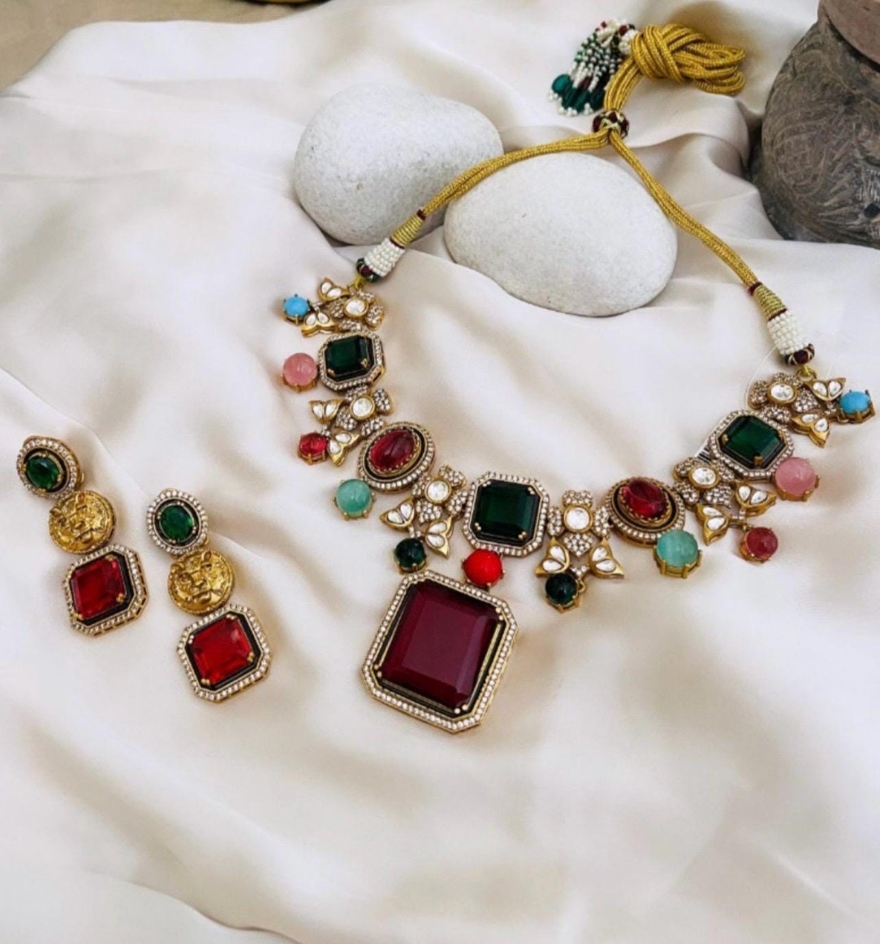 Sabyasachi Inspired Matt Dull Gold Plated Ruby Red MultiColor Navratan Kundan Polki CZ Necklace Set,Bollywood,Indian Jewelry,Statement set