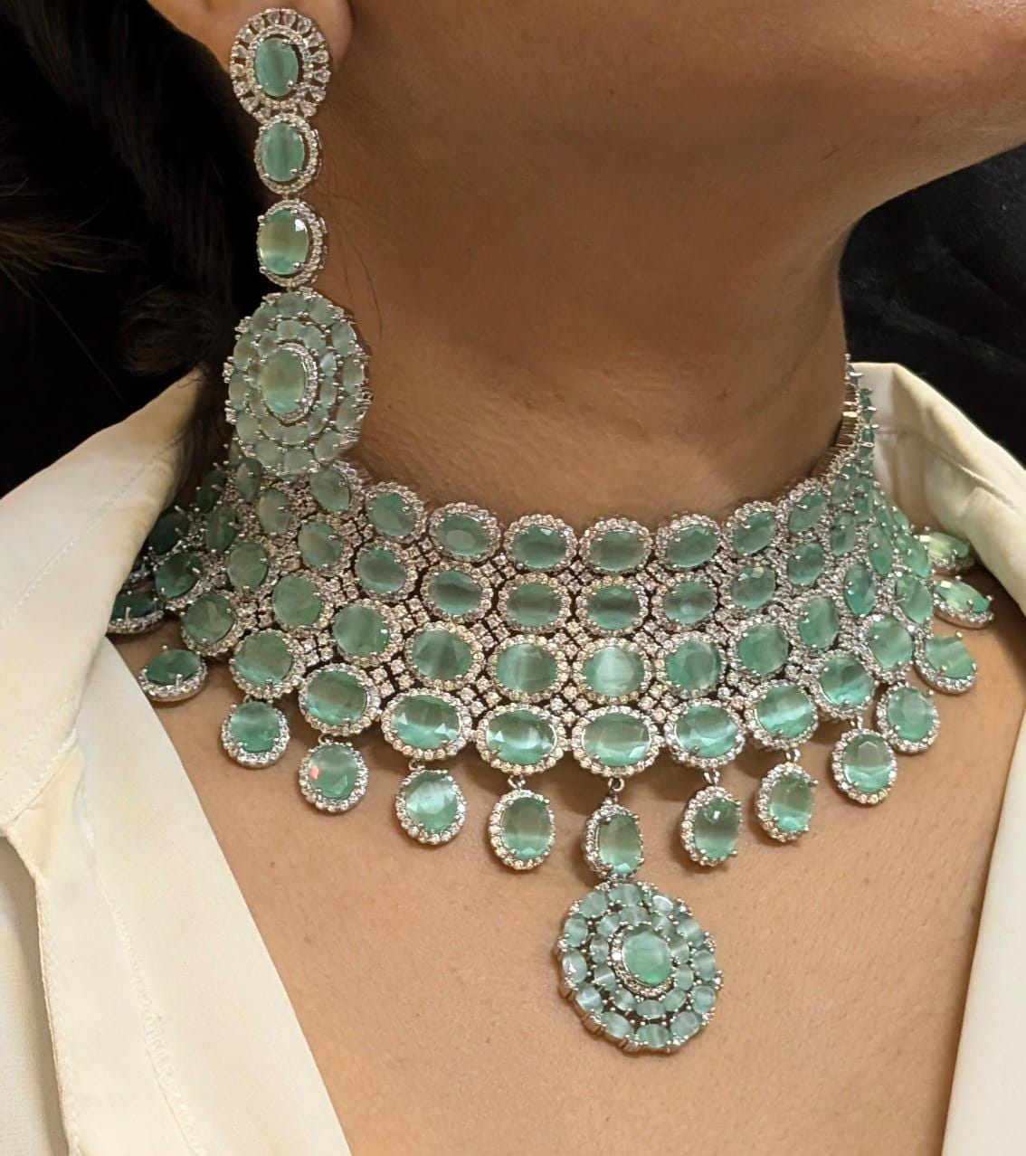 American diamond grand choker necklace set with earrings / turquoise necklace set