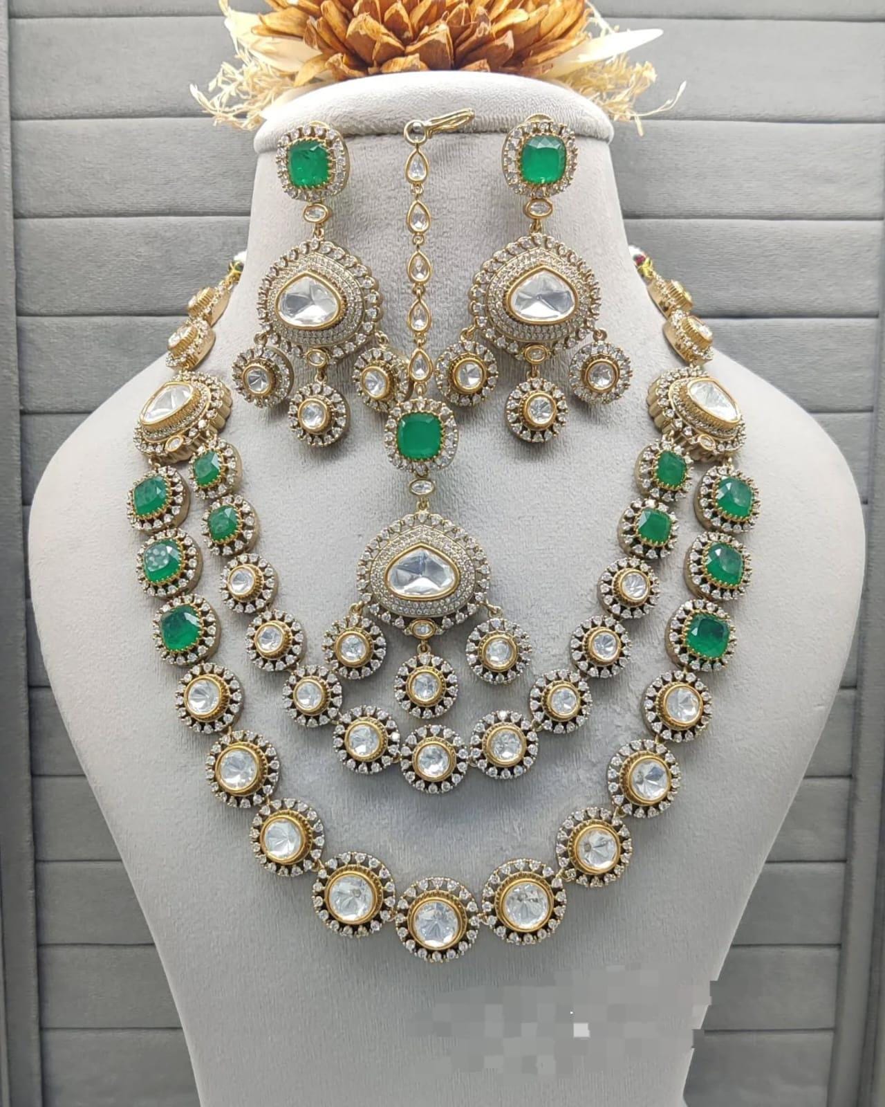 Real mossanite double layered doublets stones necklace set with earrings and tikka/ double layered ad necklace set