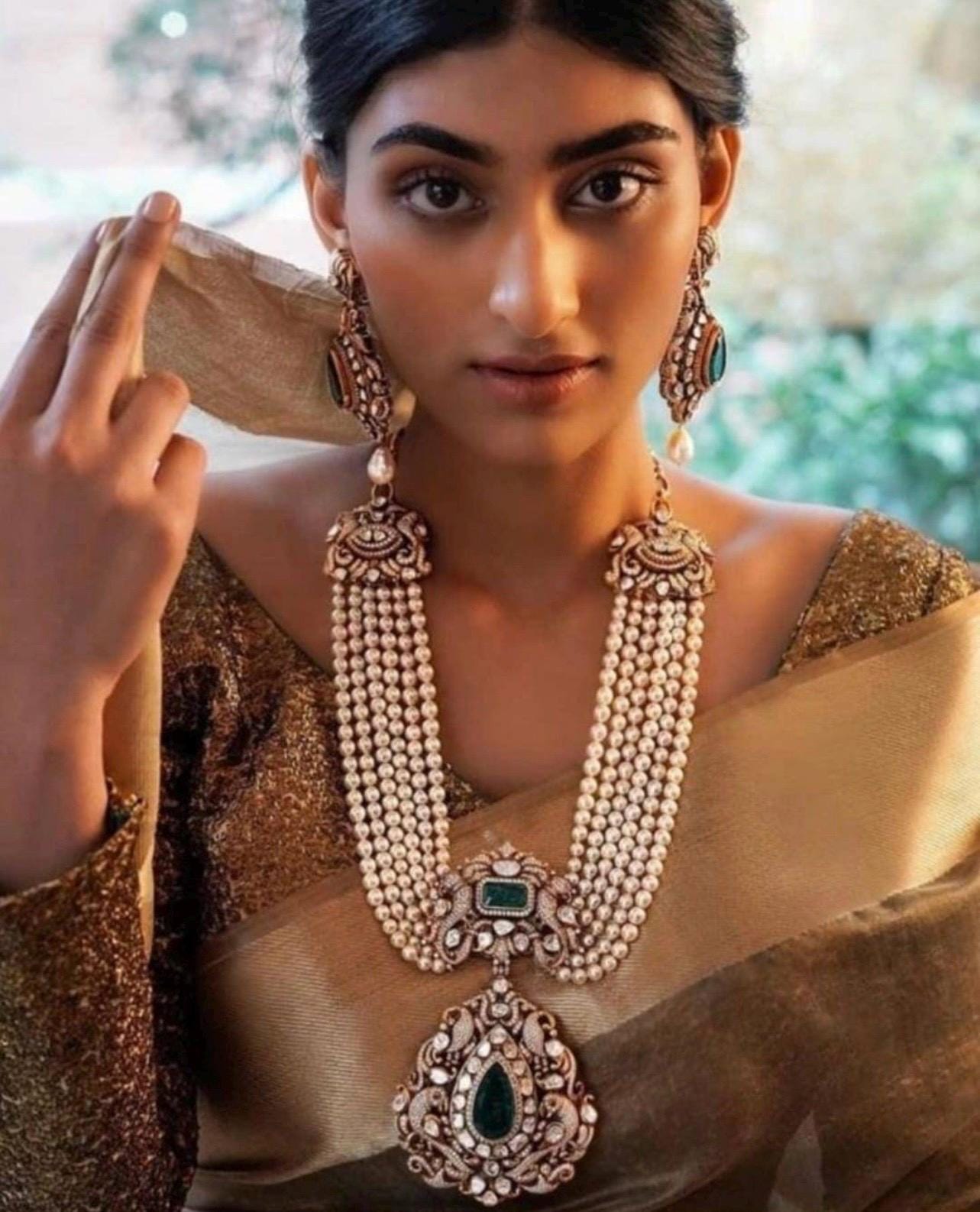 Long Victorian Layered Pearl Emerald Green Doublet Necklace With Statement Stud Earrings,long Indian Necklace sabyasachi Set