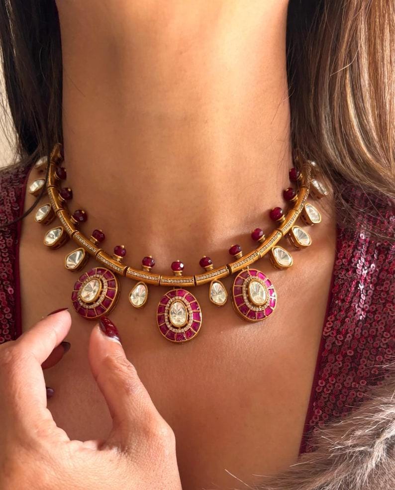 Ruby pink polki necklace earrings set hasli choker set indian jewellery mossinte necklace Sabyasachi jewellery