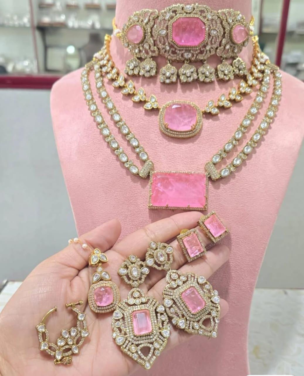 Mossanite polki doublets bridal necklace set with 2 pair of earrings and tikka , nath / baby pink necklace set