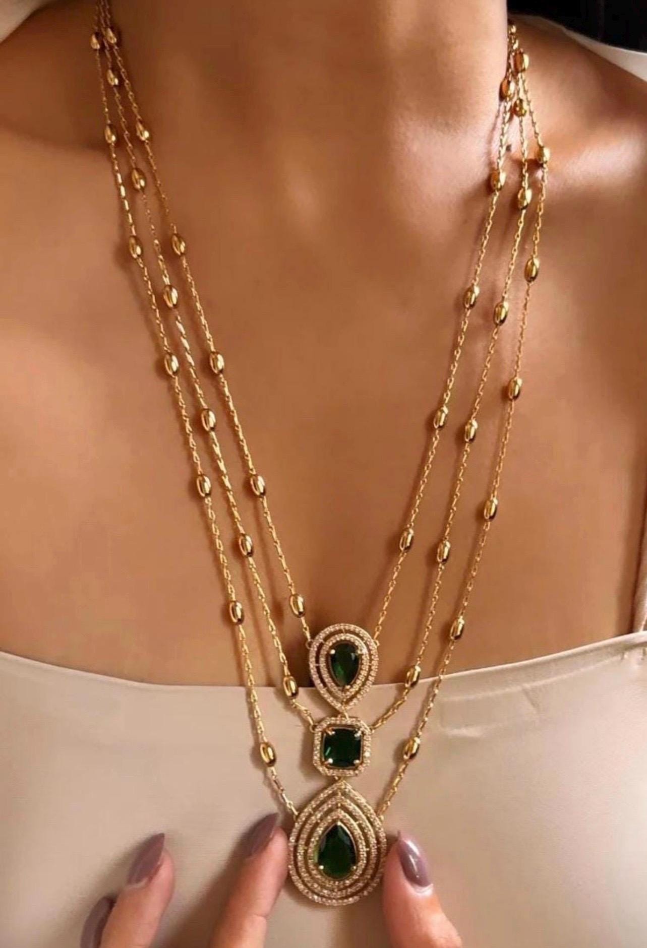 Elegant Gold Finish Emerald Green Layered Long Chain Pendant Necklace With Earrings Sabysachi Indian Pakistani Punjabi Bridal Statement Set