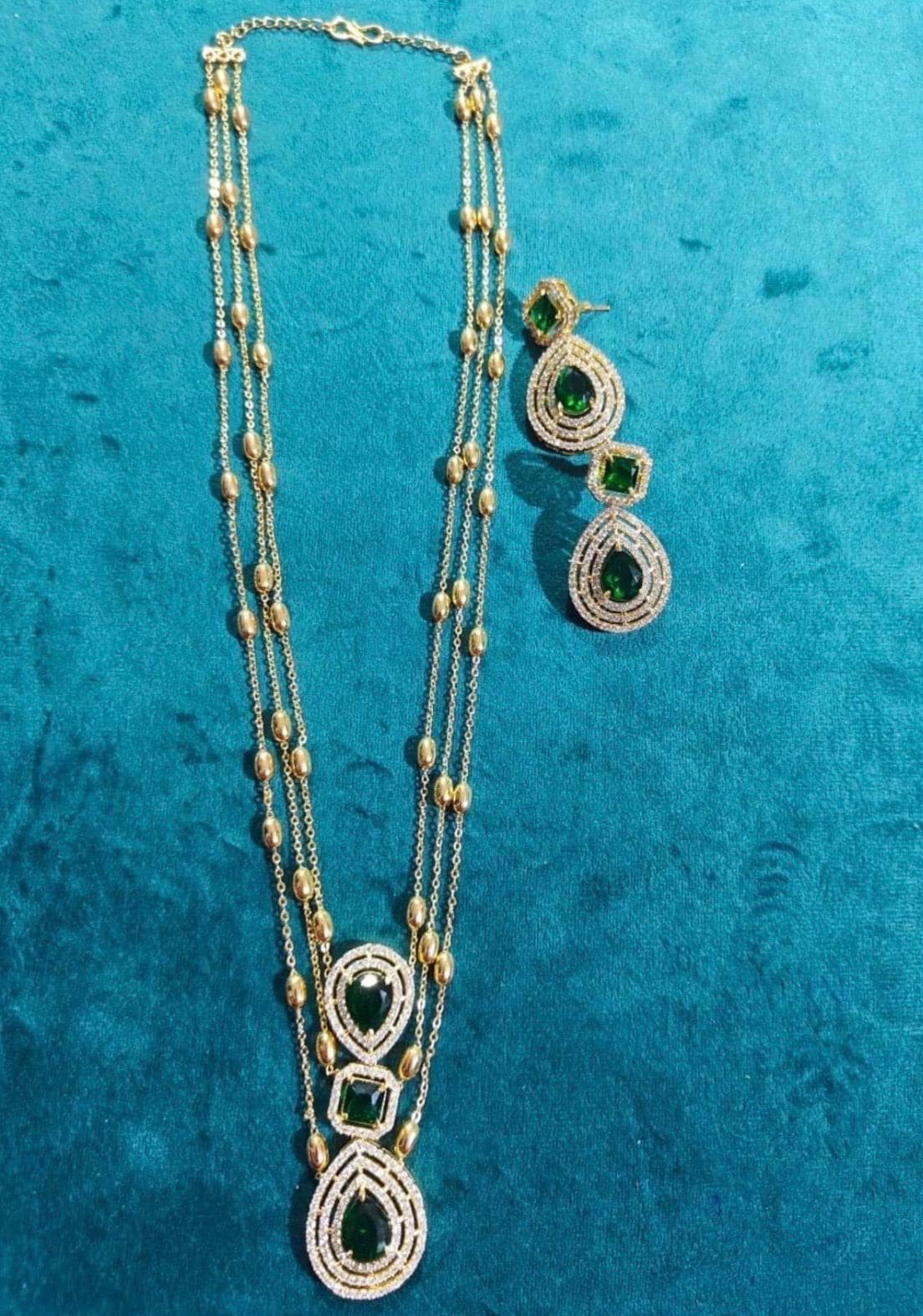 Elegant Gold Finish Emerald Green Layered Long Chain Pendant Necklace With Earrings Sabysachi Indian Pakistani Punjabi Bridal Statement Set