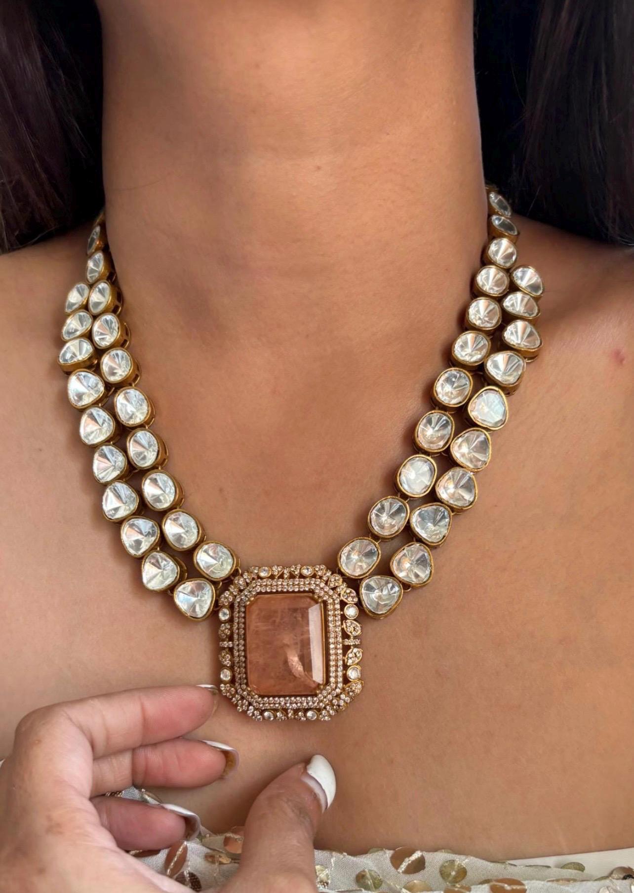 Peach orange Emerald Green Victorian Doublet Stone Moissanite Polki Wedding Jewelry Necklace Set with Earings,Statement Sabyasachi necklace