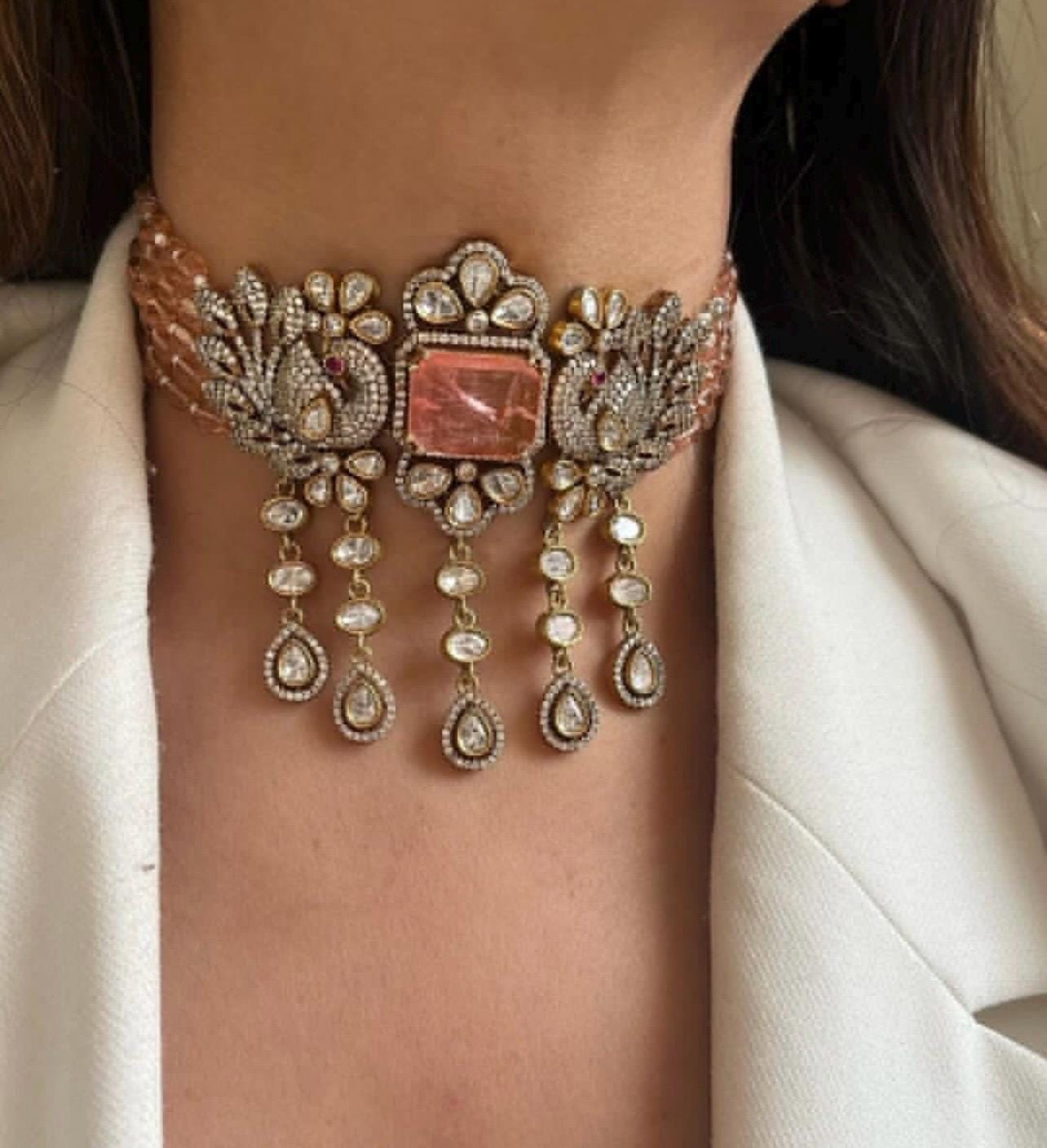 Sabyasachi inspired peach gold Victorian choker set with earrings/Sabyasachi inspired/bridal jewelry/wedding Punjani Pakistani Indian set