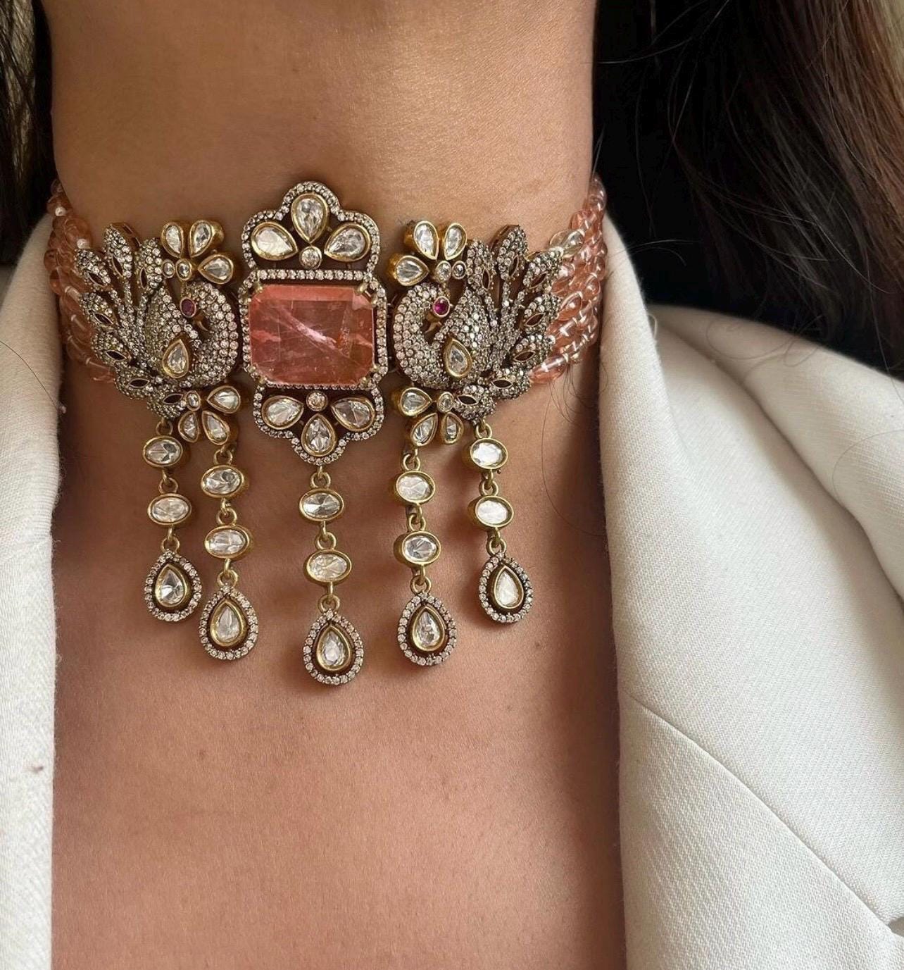 Sabyasachi inspired peach gold Victorian choker set with earrings/Sabyasachi inspired/bridal jewelry/wedding Punjani Pakistani Indian set