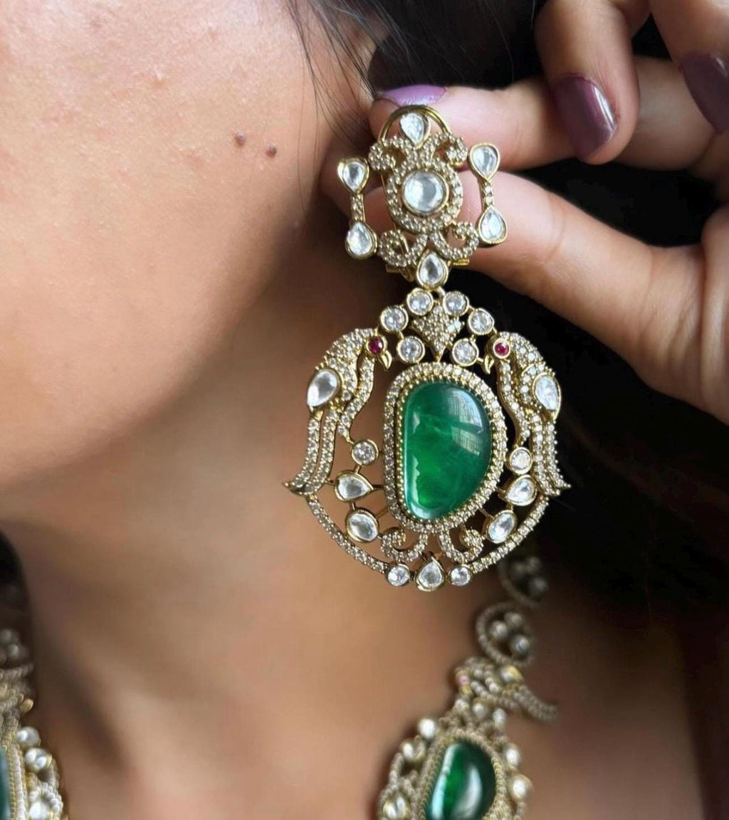 Emerald green Victorian doublets statement long necklace set with earrings/ Victorian necklace set/ sabyasachi jewelry