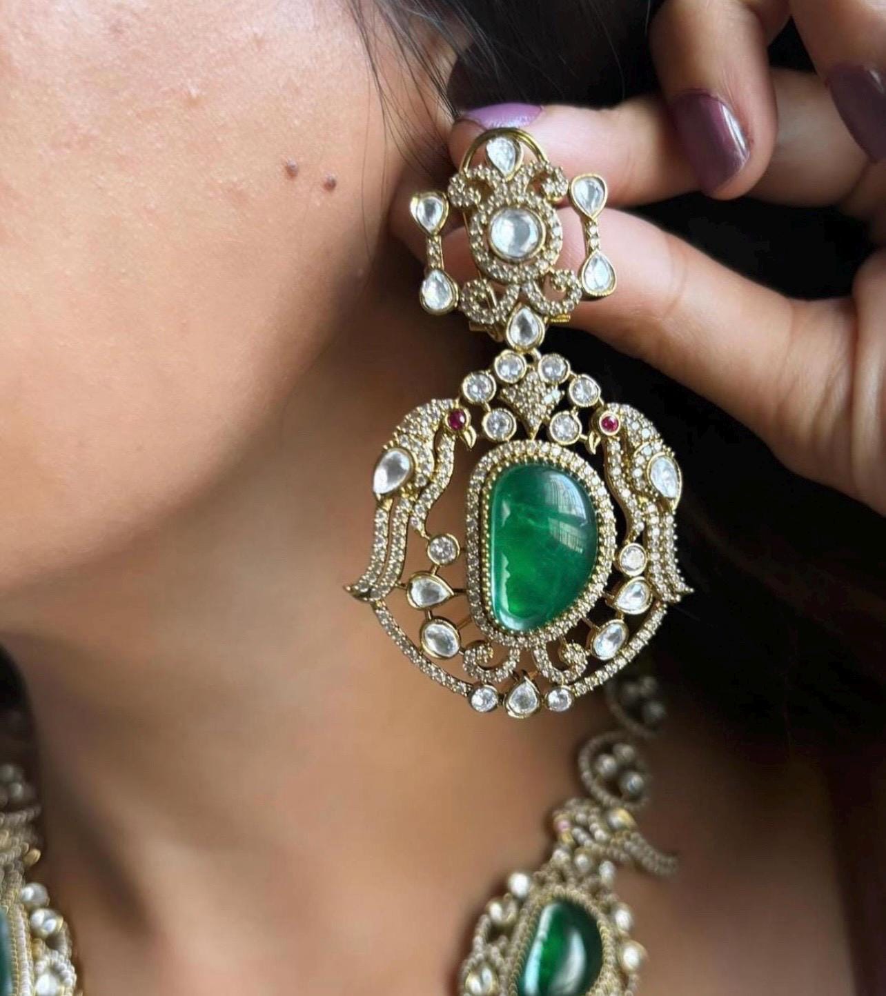 Emerald green Victorian doublets statement long necklace set with earrings/ Victorian necklace set/ sabyasachi jewelry