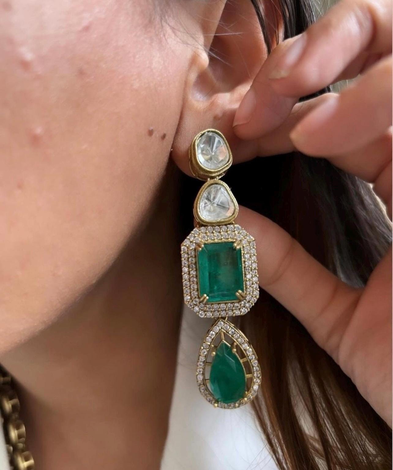 Emerald Green Victorian Doublet Stone Moissanite Polki Wedding Jewelry Necklace Set with Earings,Statement Sabyasachi necklace,Indian Set