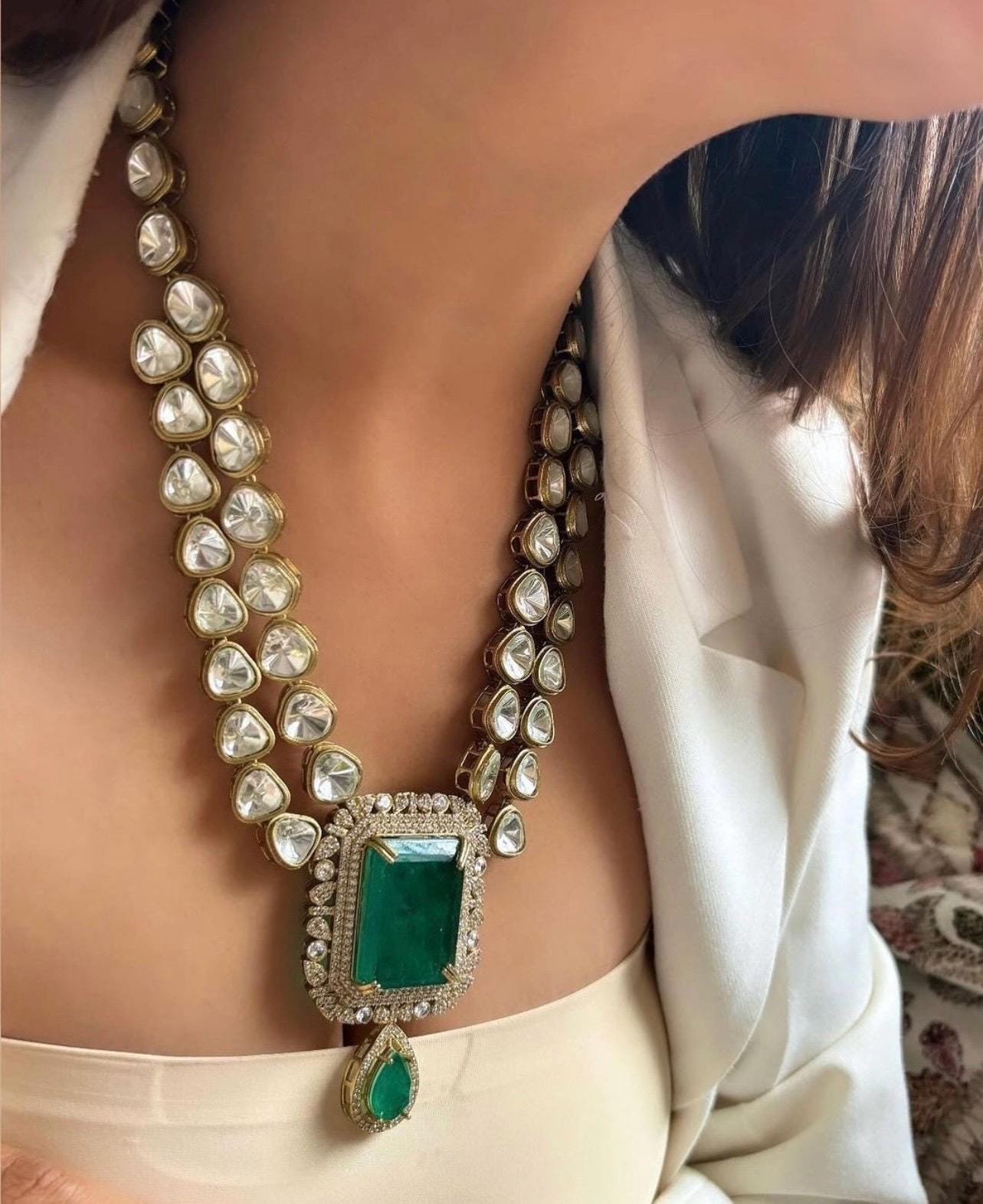 Emerald Green Victorian Doublet Stone Moissanite Polki Wedding Jewelry Necklace Set with Earings,Statement Sabyasachi necklace,Indian Set