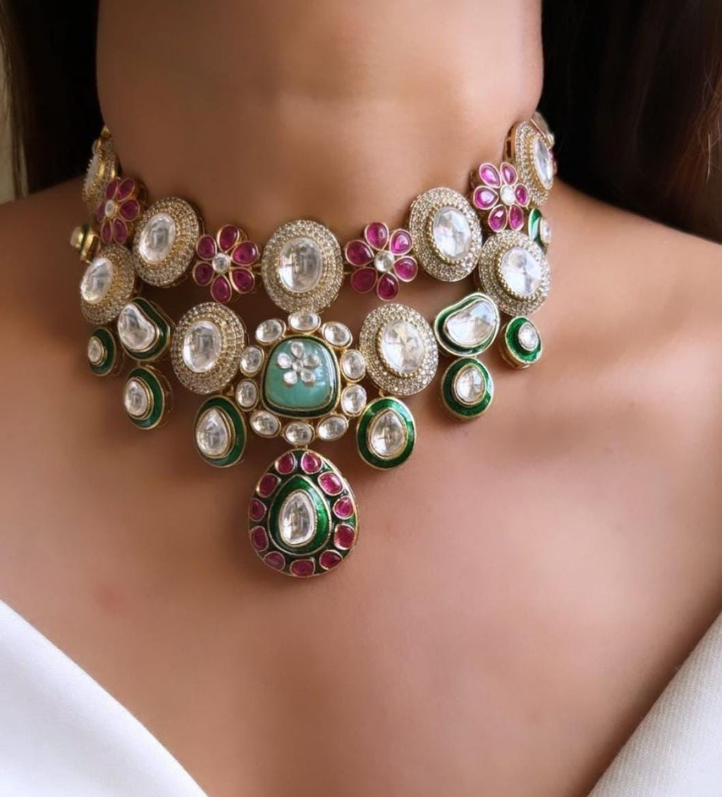 Moissanite Polki Necklace with earrings and tikka,Indian jewelry,Wedding jewelry,Statement necklace,Emerald jewelry,Pakistani jewelry