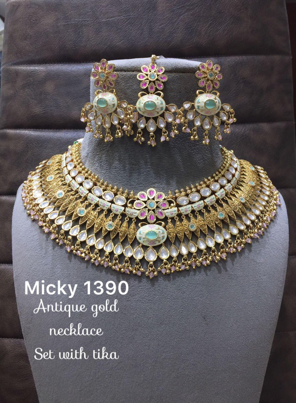 Mossanite polki Ruby mint/ Ruby green antique gold plated bridal necklace set with earrings and tikka
