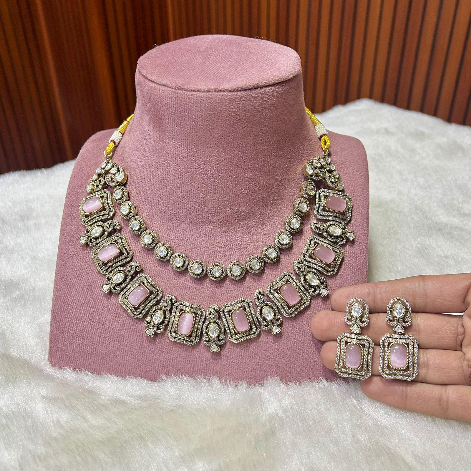 Mossanite polki stunned with ad stones double layer necklace set with earrings/ polki necklace set