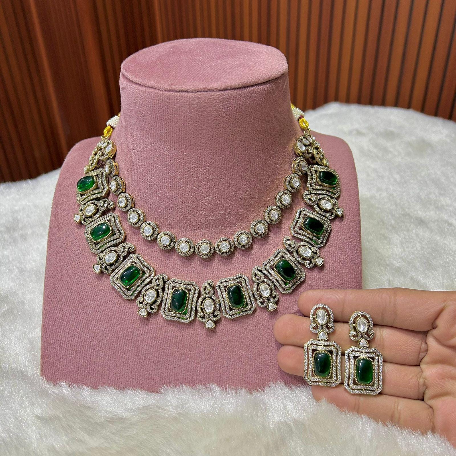 Mossanite polki stunned with ad stones double layer necklace set with earrings/ polki necklace set