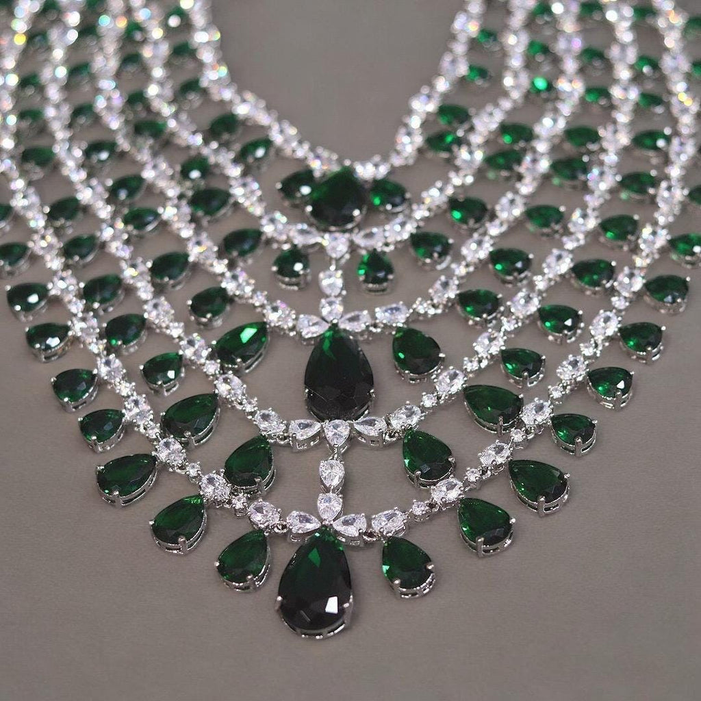 Multilayer Emerald green necklace earrings,Bollywood jewelry,Statement necklace,Indian Jewelry,Pakistani Wedding jewellery,CZ necklace