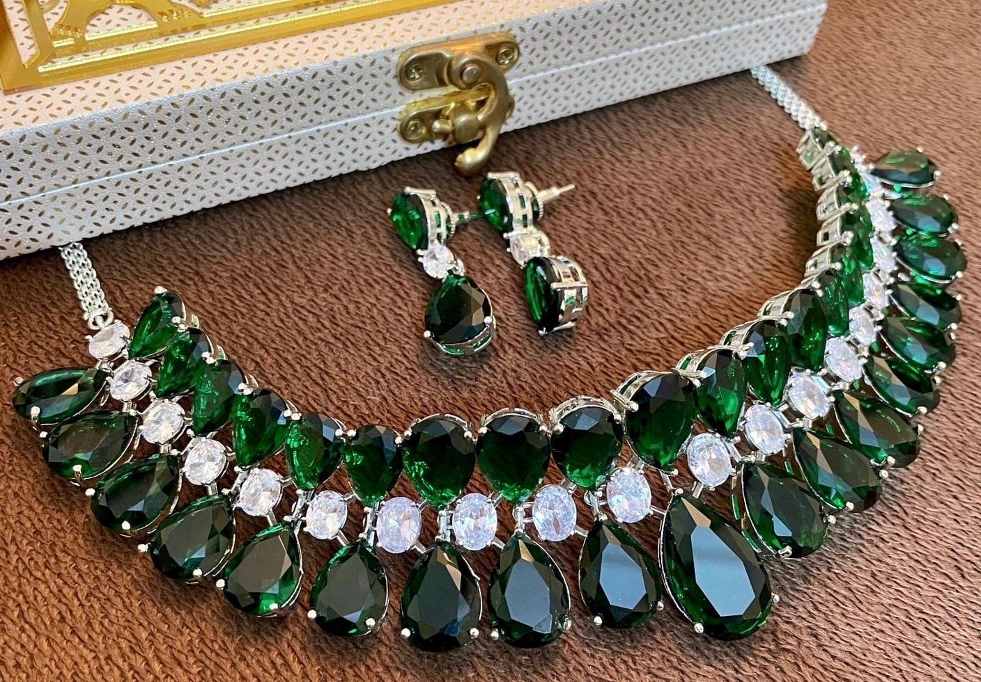American diamond choker necklace set with earrings/statement necklace/Indian jewelry/fusion jewelry/Pakistani jewelry/Wedding necklace
