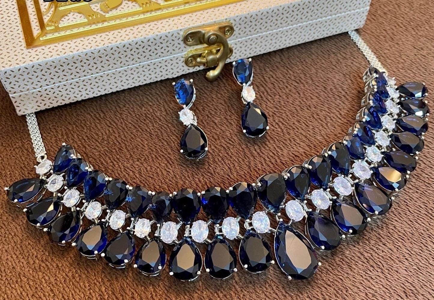 American diamond choker necklace set with earrings/statement necklace/Indian jewelry/fusion jewelry/Pakistani jewelry/Wedding necklace