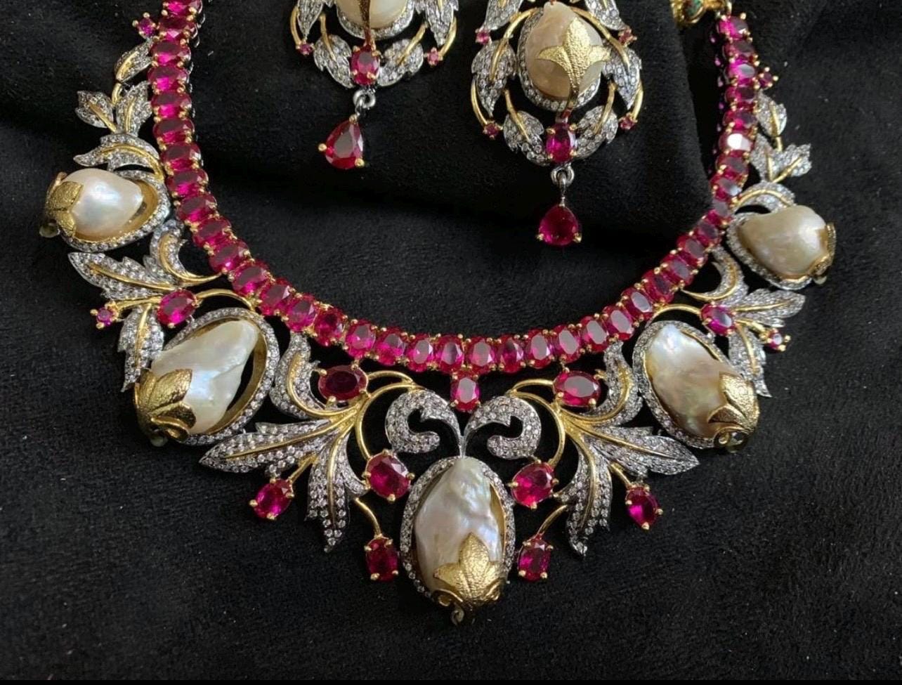 Victorian Choker Necklace,Ruby Pink Baroque Pearls CZ  Necklace with Statement Earrings,Sabyasachi Inspired Jewelry Set,Statement Necklace