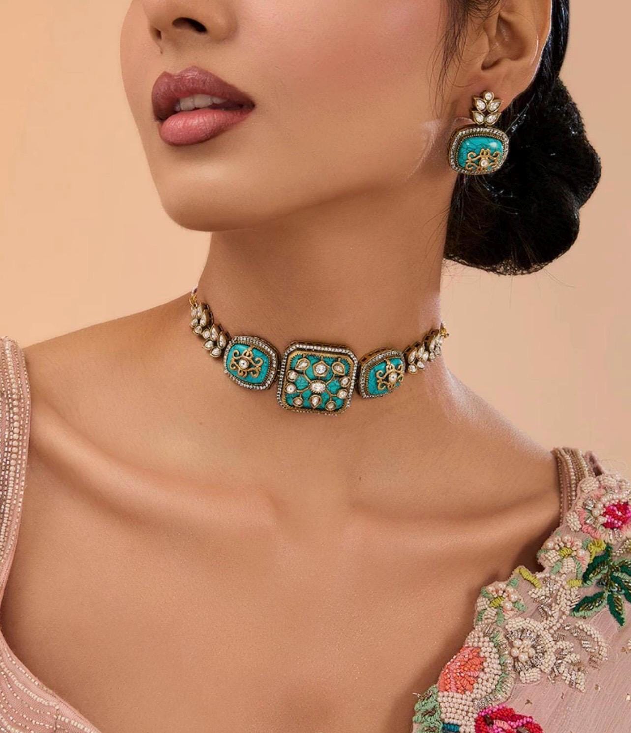 Delicate Light Weight Victorian Kundan Choker with Earrings/Indian Pakistani/Punjabi Jewelry/Engagment sangeet Jewelry/Kundan Set