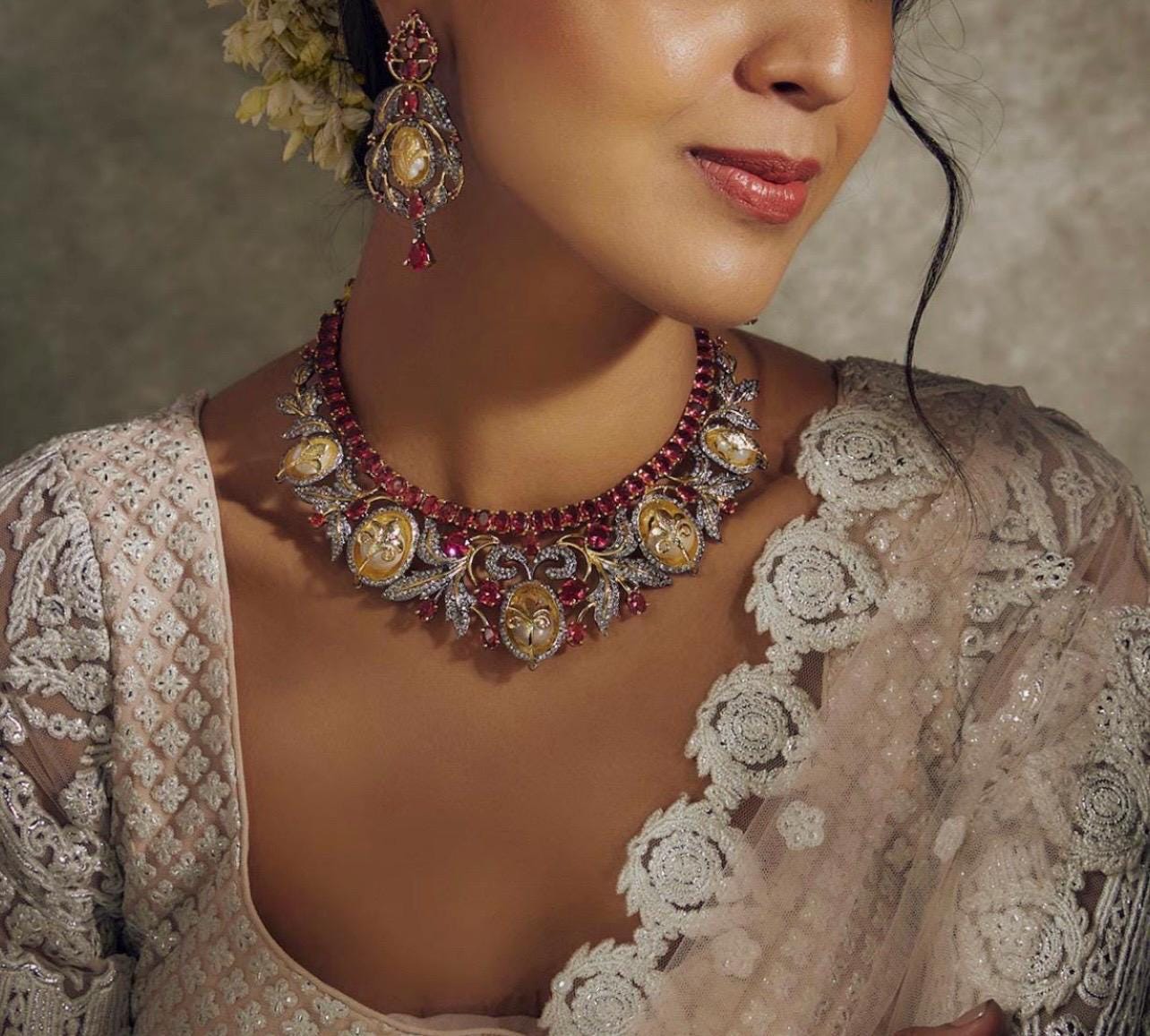 Victorian Choker Necklace,Ruby Pink Baroque Pearls CZ  Necklace with Statement Earrings,Sabyasachi Inspired Jewelry Set,Statement Necklace