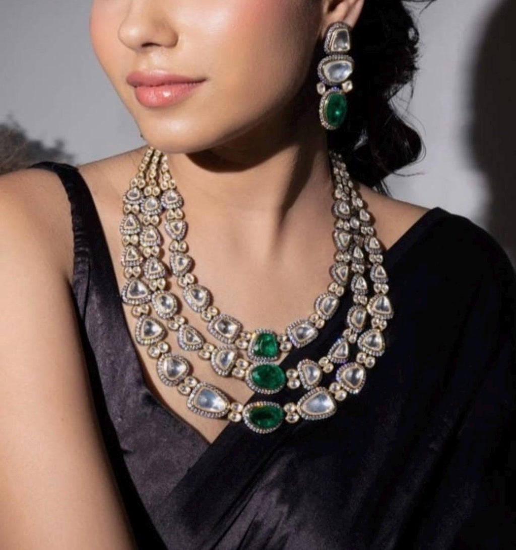 Premium Victorian 3 Layered Uncut Faux Moissanite Polki Kundan Emerald Green Doublet Diamond Long Necklace Earrings,Sabyasachi Inspired