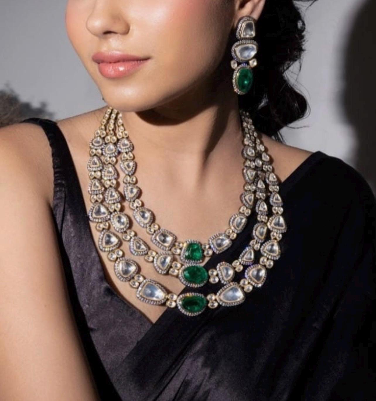 Premium Victorian 3 Layered Uncut Faux Moissanite Polki Kundan Emerald Green Doublet Diamond Long Necklace Earrings,Sabyasachi Inspired