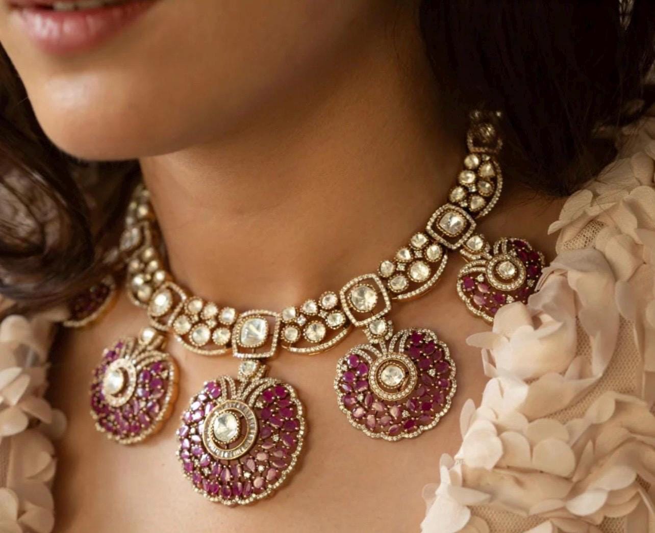 Fine Ruby Pink Gold Sabyasachi Victorian Choker Indian Jewelry Sabyasachi Necklace Ruby Indian Choker Indian Necklace Bollywood Jewelry Set