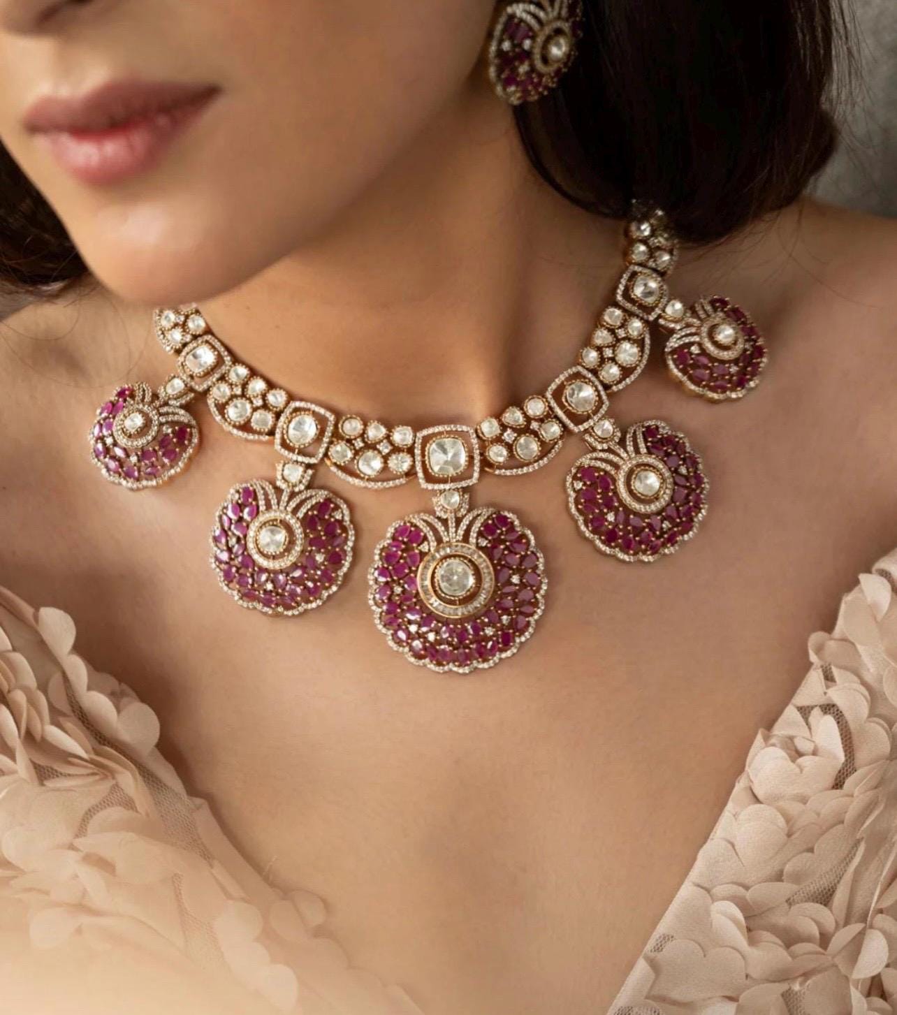 Fine Ruby Pink Gold Sabyasachi Victorian Choker Indian Jewelry Sabyasachi Necklace Ruby Indian Choker Indian Necklace Bollywood Jewelry Set