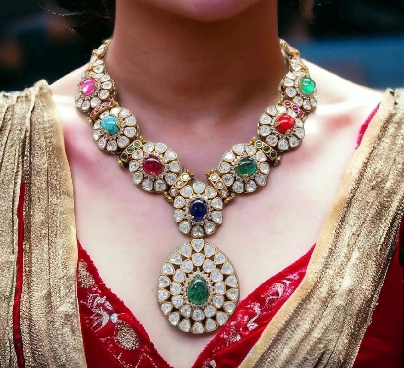 Navratan Multicolored Long Uncut Polki Necklace,Sabyasachi jewelry, Fusion Indian Long Necklace,Indian Jewelry,Long Pendant Necklace, bridal