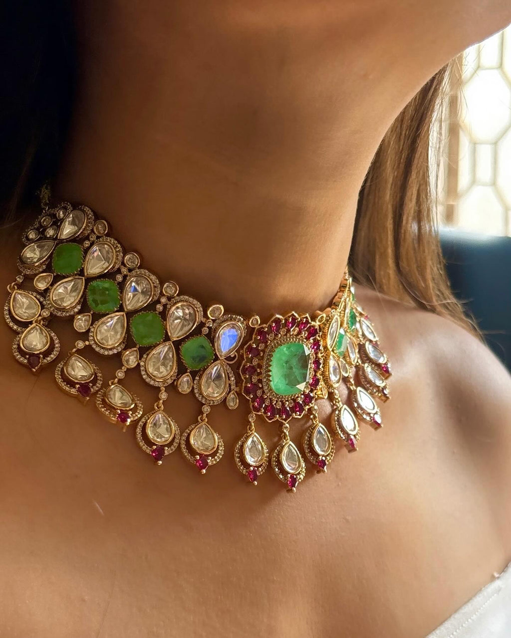Tyaani Inspired Faux Polki Moissanite  Ruby Pink Emerald Mint  Doublet Choker Necklace With Earrings