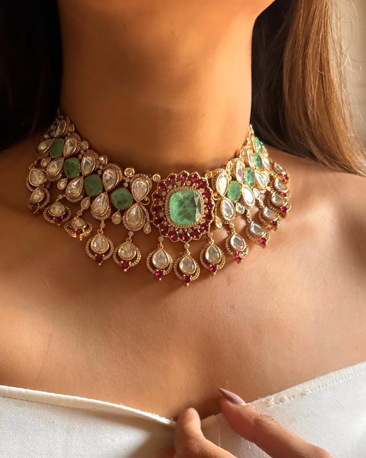 Tyaani inspired jewellery polki mossanite necklace ruby pink emralad jewellery choker necklace with earrings set
