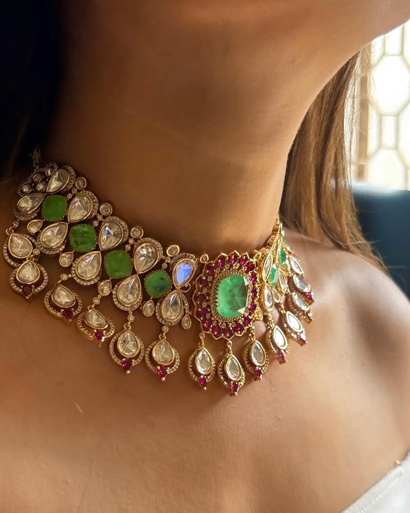 Tyaani inspired jewellery polki mossanite necklace ruby pink emralad jewellery choker necklace with earrings set