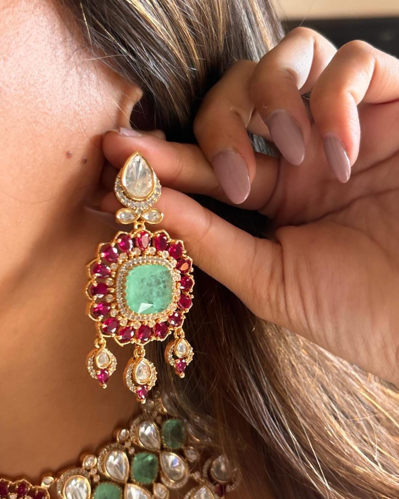 Tyaani inspired jewellery polki mossanite necklace ruby pink emralad jewellery choker necklace with earrings set