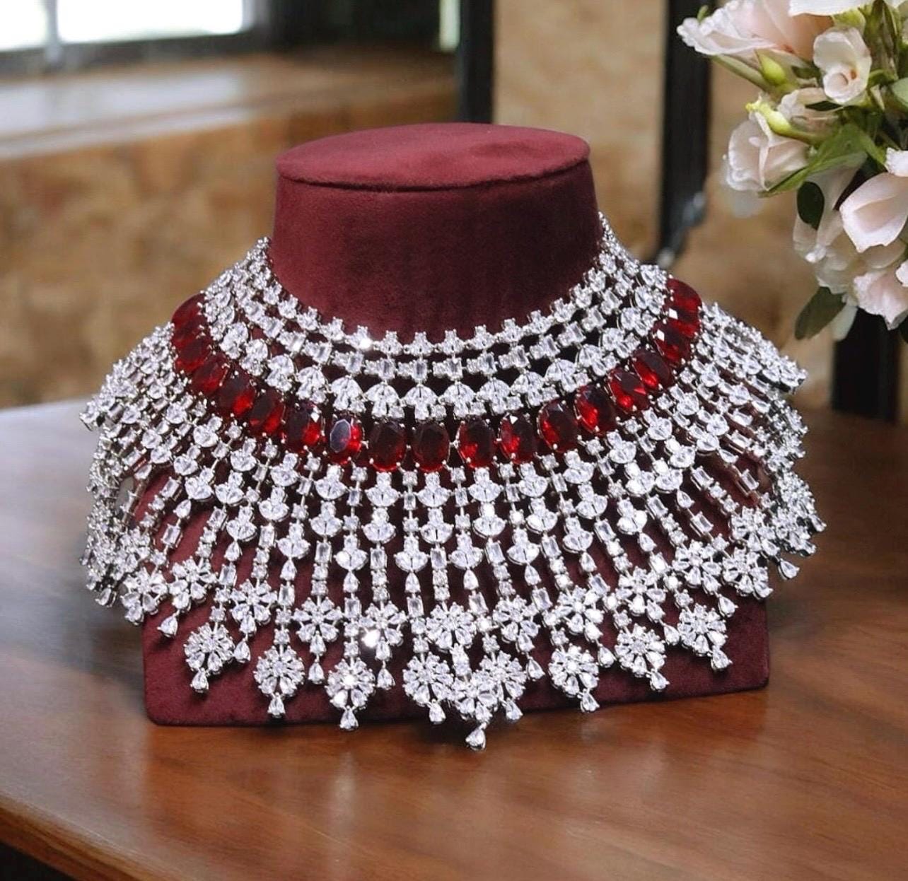 Malaika Arora inspired very fine premium CZ and stones necklace with earrings/statement necklace/partywear necklace/bollywood jewelry