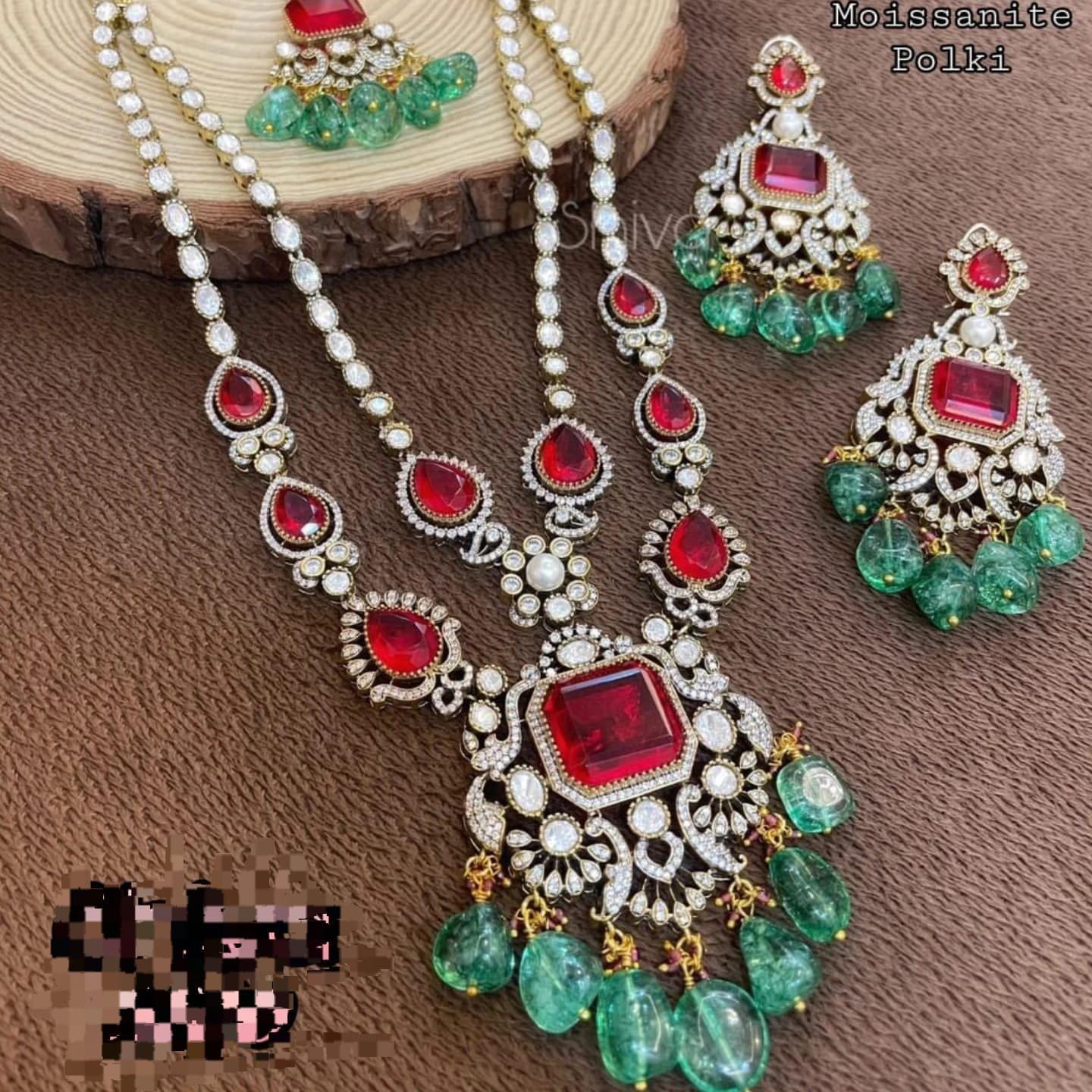 Mossanite polki stunned with ad stones Victorian long necklace set/ doublets necklace set