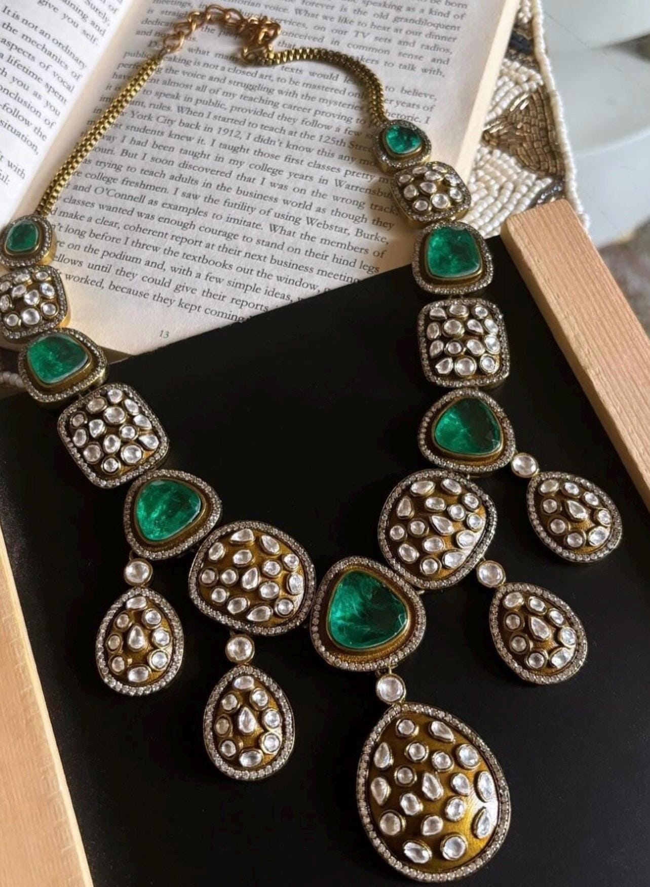 Sabyasachi inspired Emerald green Ruby doublets statement long necklace set with earrings/Indian set/Pakistani Set/Statement necklace