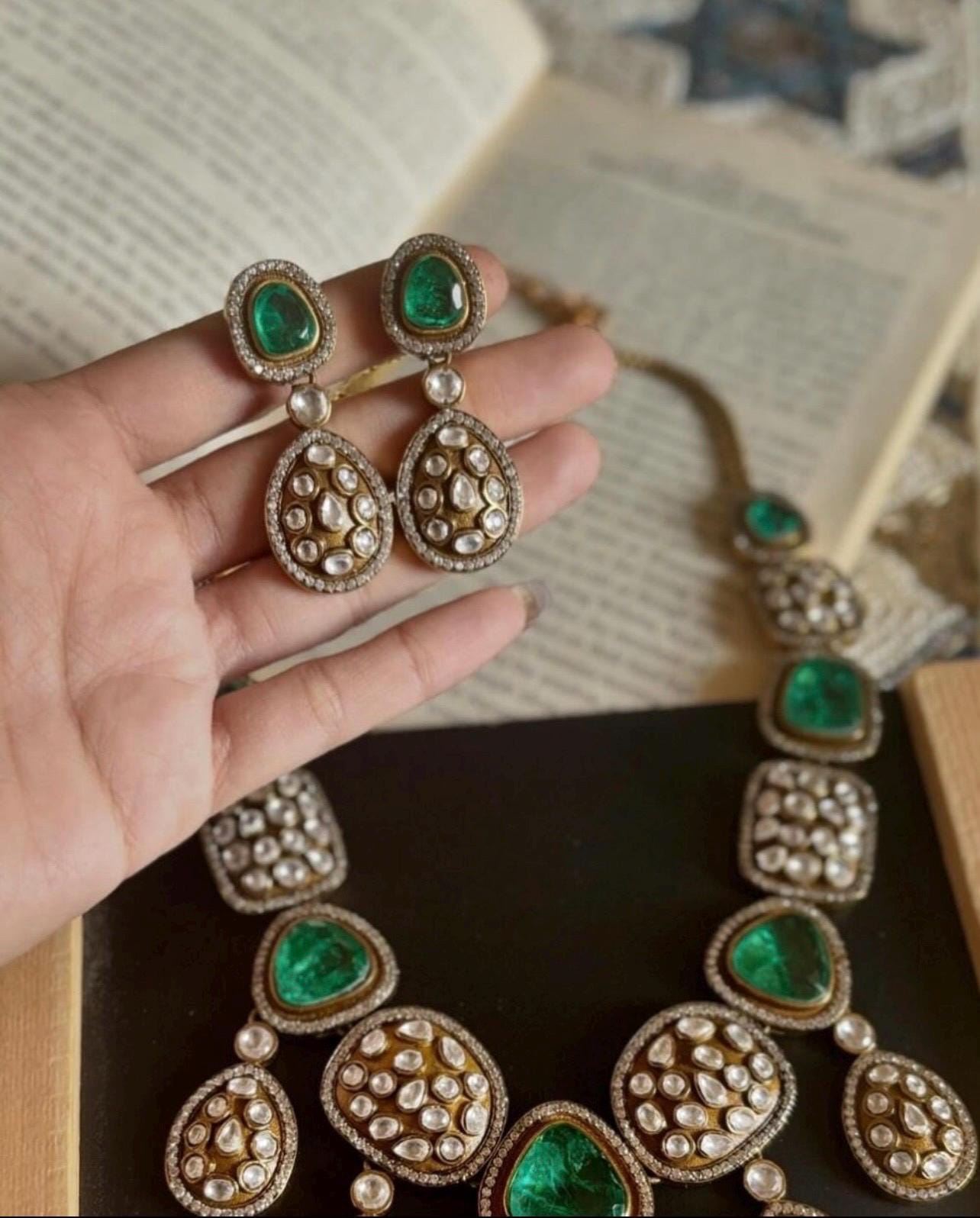 Sabyasachi inspired Emerald green Ruby doublets statement long necklace set with earrings/Indian set/Pakistani Set/Statement necklace