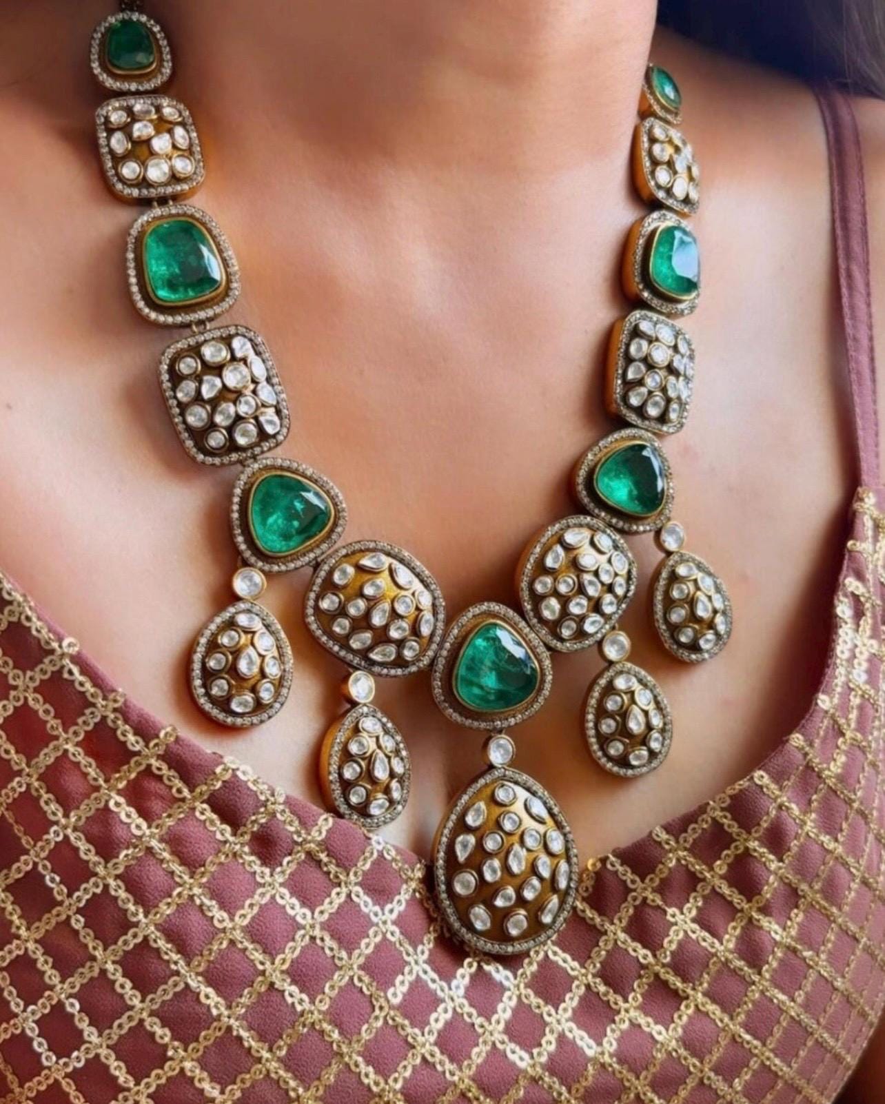 Sabyasachi inspired Emerald green Ruby doublets statement long necklace set with earrings/Indian set/Pakistani Set/Statement necklace