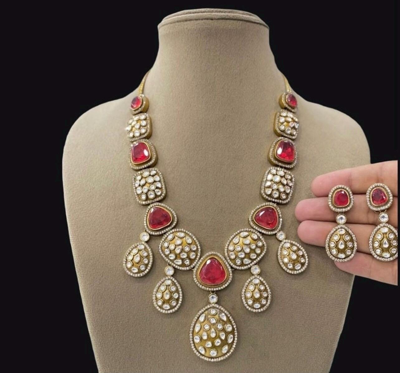 Sabyasachi inspired Emerald green Ruby doublets statement long necklace set with earrings/Indian set/Pakistani Set/Statement necklace