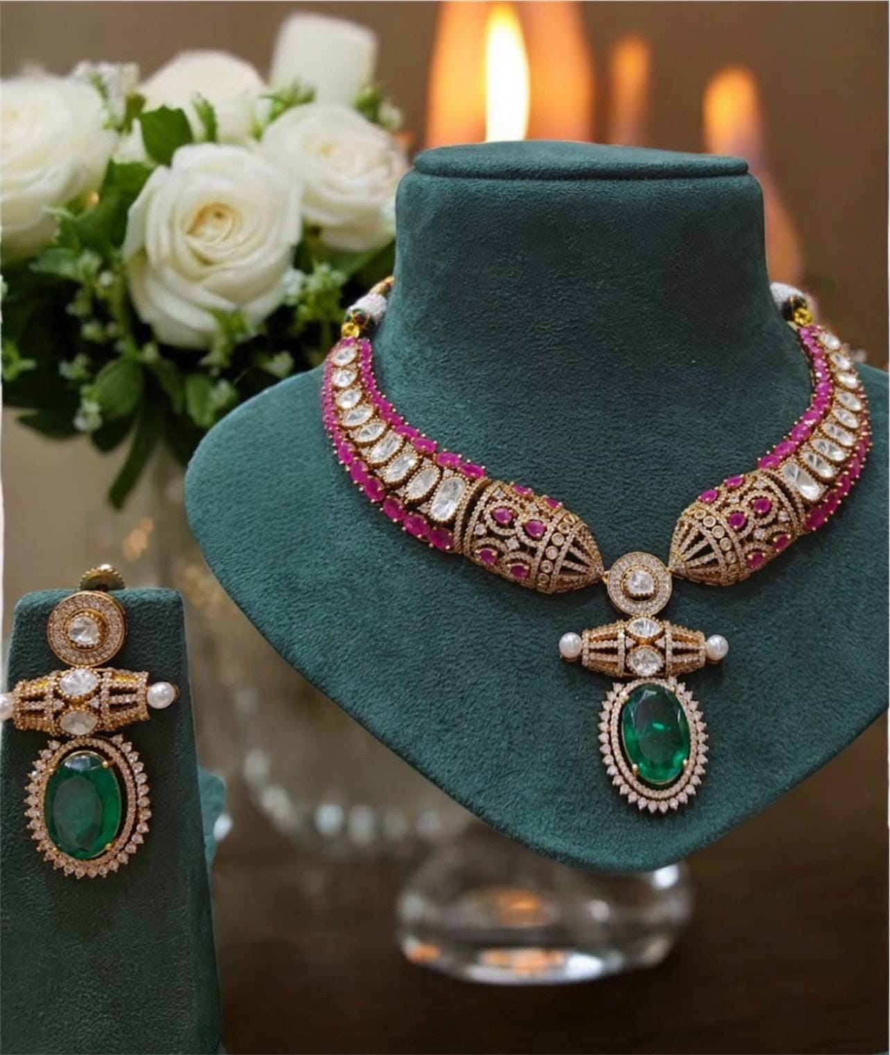 Designer Moissanite Polki Doublet Stone set with earrings,statement necklace,fusion necklace,Indian jewelry,bridal jewelry,wedding jewelry