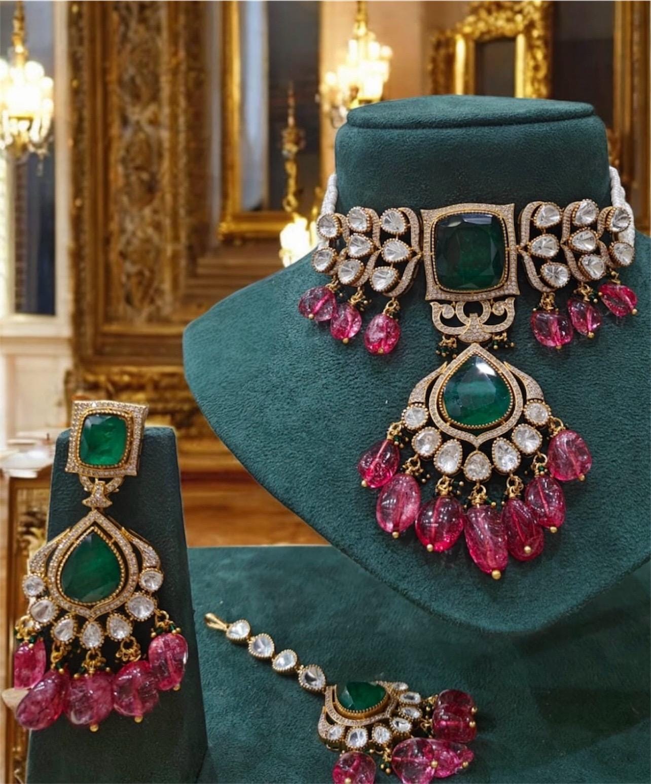 Designer Moissanite Polki Doublet Stone set with earrings,statement necklace,fusion necklace,Indian jewelry,bridal jewelry,wedding jewelry
