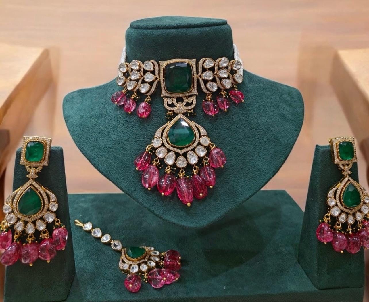 Designer Moissanite Polki Doublet Stone set with earrings,statement necklace,fusion necklace,Indian jewelry,bridal jewelry,wedding jewelry