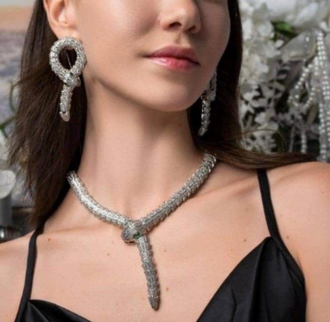 Silver Tone Hollywood Inspired Cz Diamond Snake Necklace Set/Snake Necklace set/Serpent Necklace/Diamond Necklace/Statement Jewelry Set/OOAK