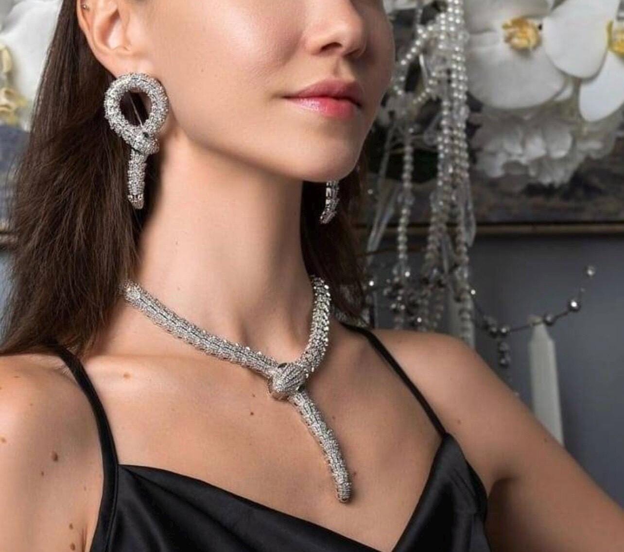 Silver Tone Hollywood Inspired Cz Diamond Snake Necklace Set/Snake Necklace set/Serpent Necklace/Diamond Necklace/Statement Jewelry Set/OOAK