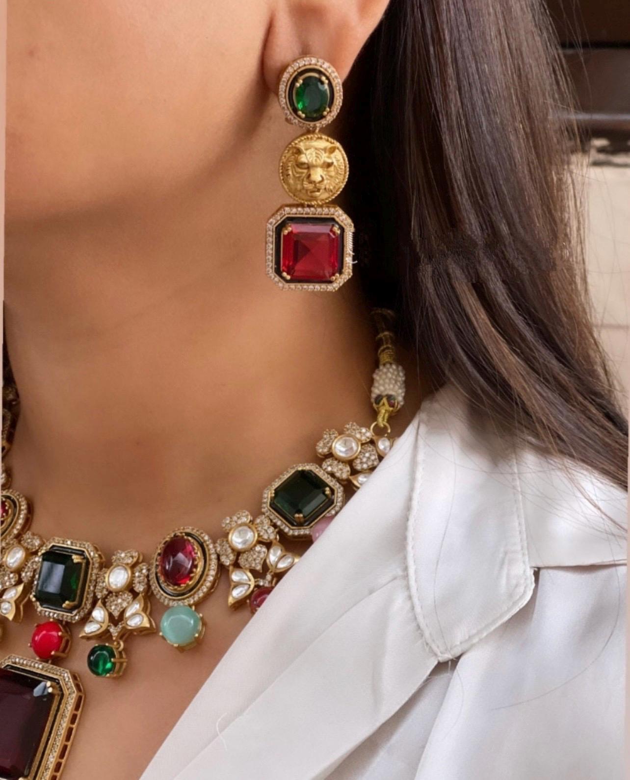 Sabyasachi Inspired Matt Dull Gold Plated Ruby Red MultiColor Navratan Kundan Polki CZ Necklace Set,Bollywood,Indian Jewelry,Statement set