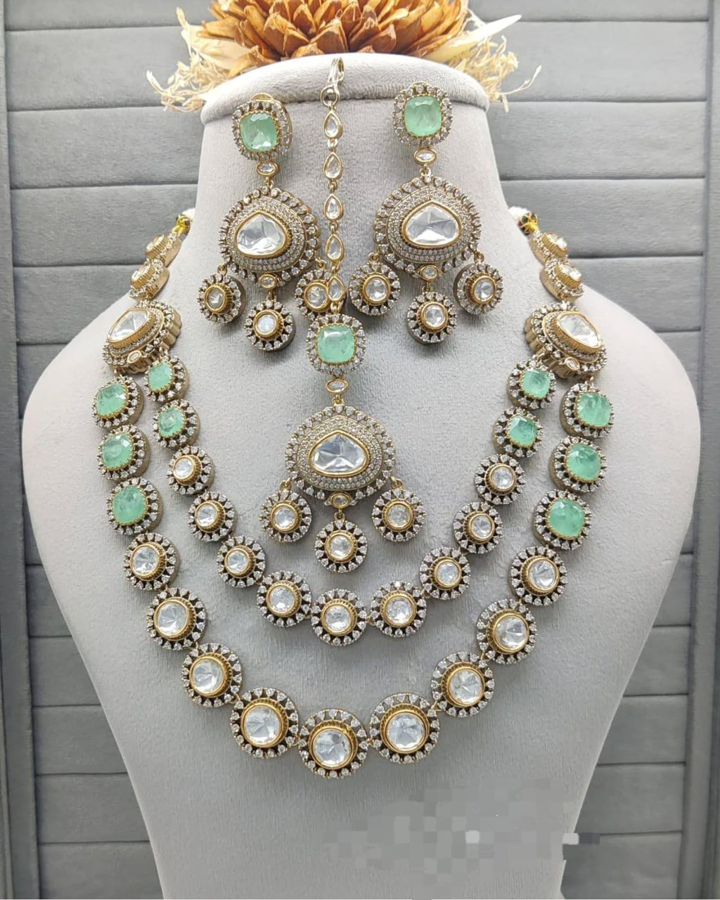 Real mossanite double layered doublets stones necklace set with earrings and tikka/ double layered ad necklace set